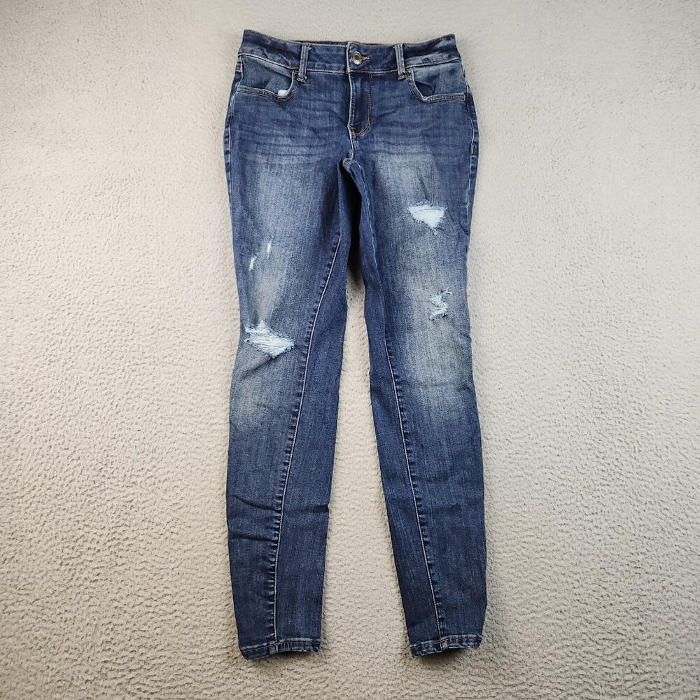Womens 26x28‎ Blue Mid Rise Ankle Jeans Distressed Skinny Stretch Denim Pants